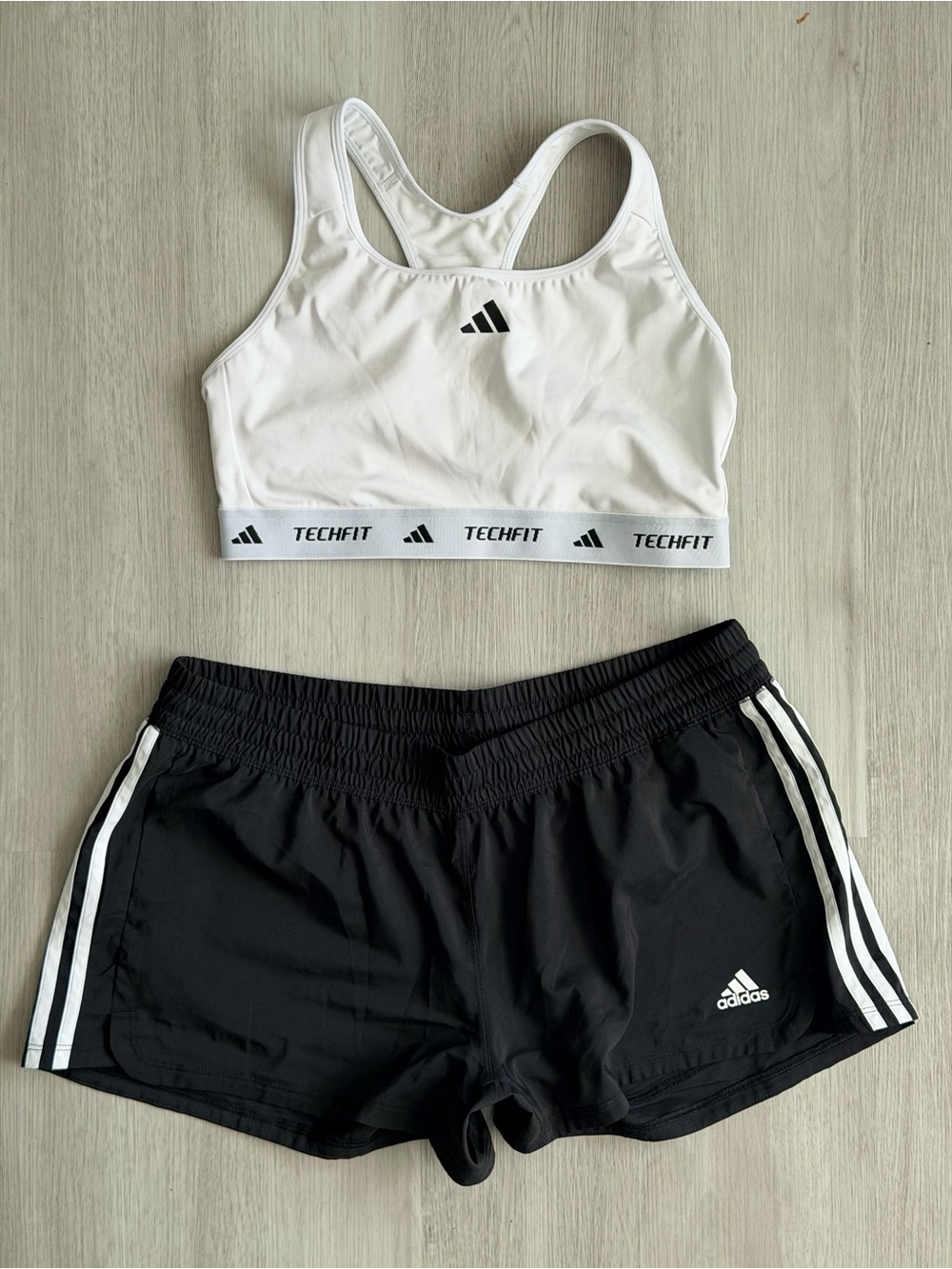 adidas White Techfit Sports Bra and Black Shorts Set